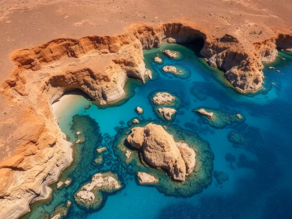 Criques rocheuses voisines du Désert des Agriates, eaux turquoise, falaises rougeâtres, géologie sauvage de la côte corse