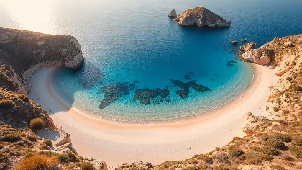 Baie circulaire de la Rondinara en Corse du Sud, sable blanc et eaux méditerranéennes turquoise