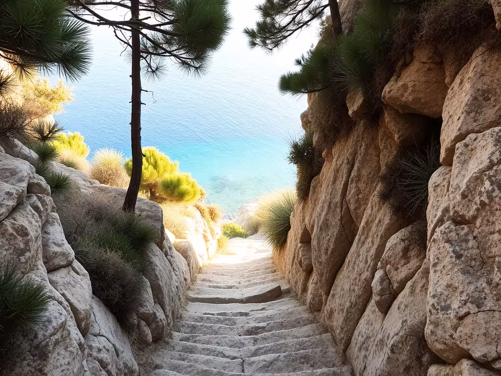 Sentier d'accès à la plage de la Rondinara, escaliers naturels à travers le maquis corse
