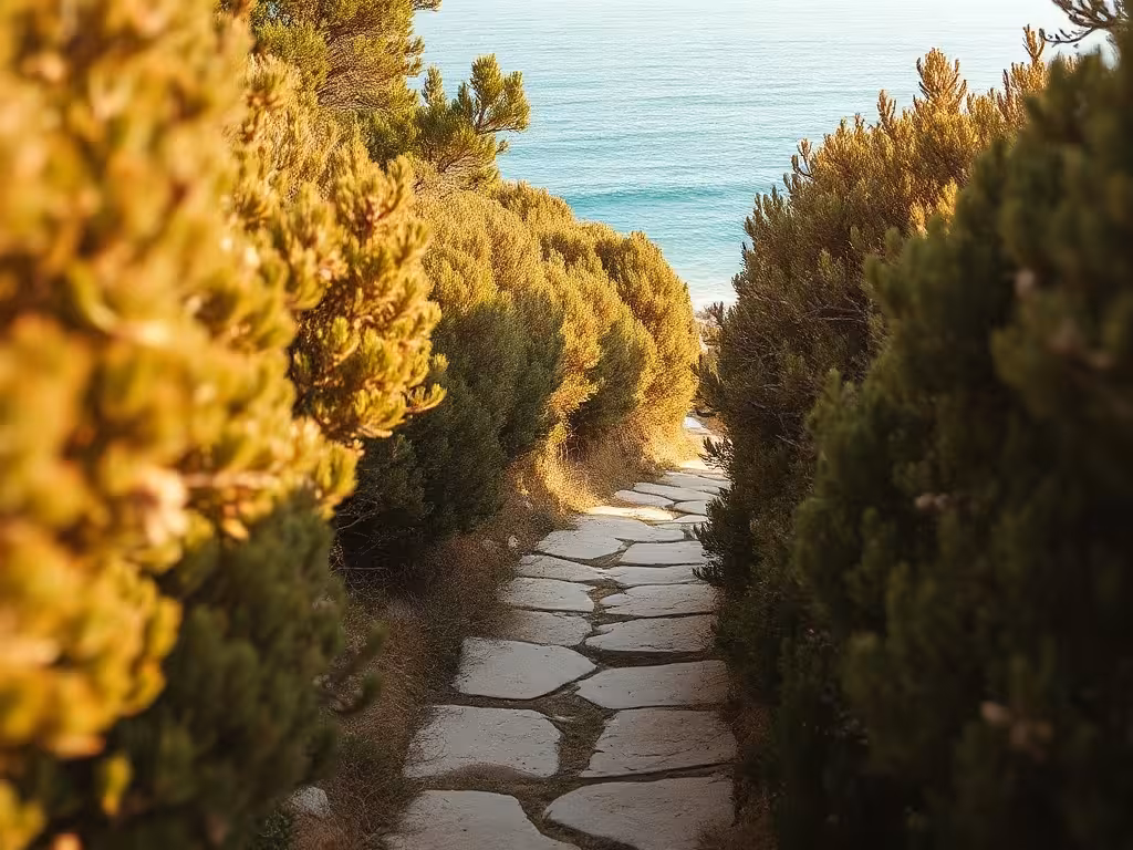 Sentier côtier à travers le maquis corse menant vers la plage de Vana depuis l'Ostriconi
