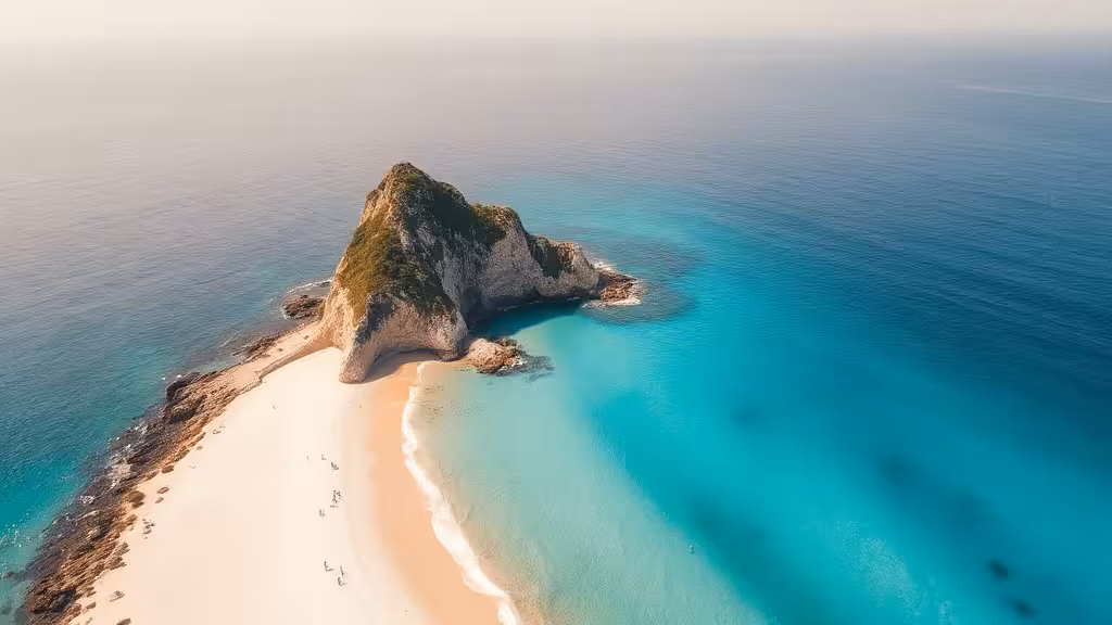 Vue aérienne de la plage de Roccapina en Corse du Sud avec le rocher emblématique en forme de lion et eau turquoise