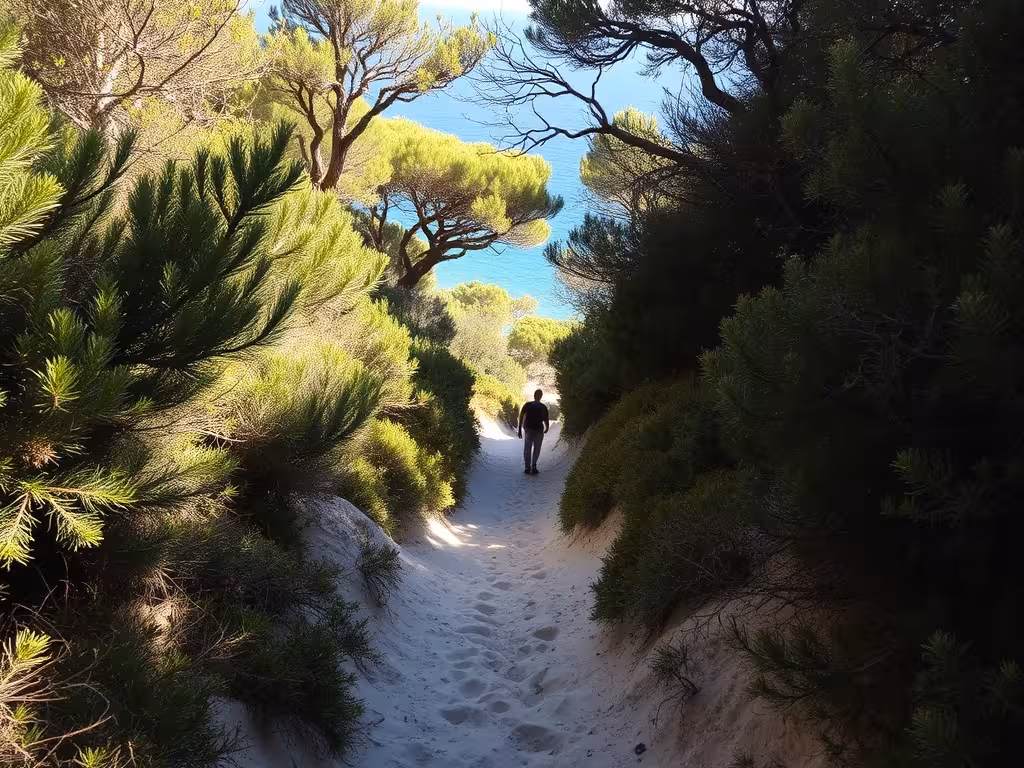 Sentier d'accès à travers le maquis corse menant à la plage de Stagnolu