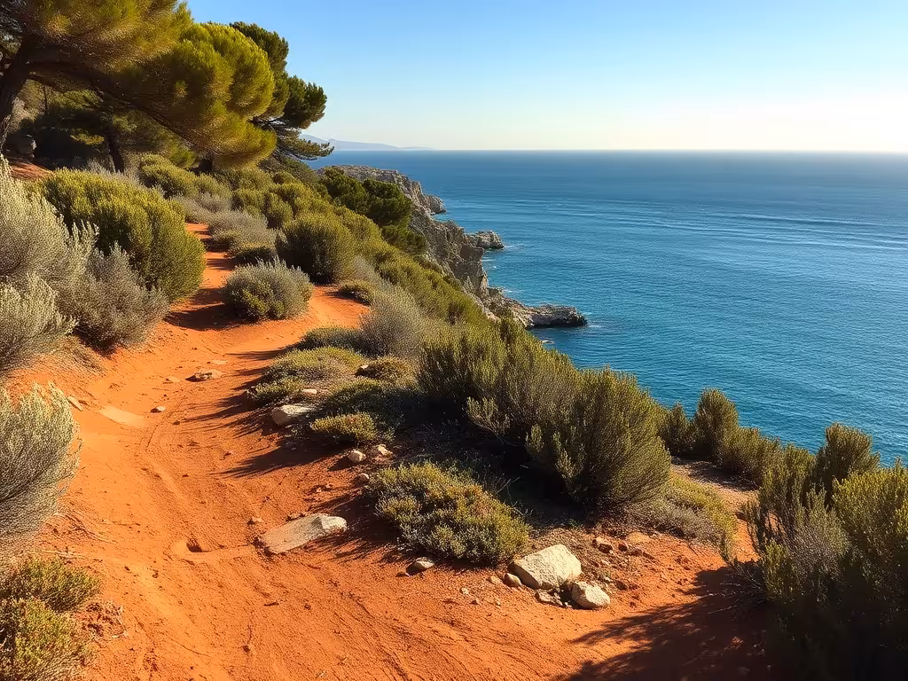 Sentier d'accès à Tamarone traversant la végétation côtière vers la crique