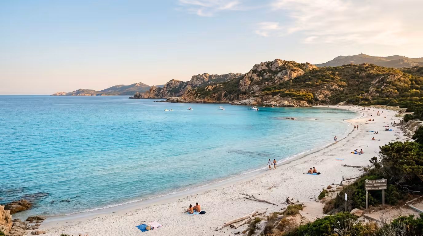 Vue panoramique de la baie du Stagnone avec eaux turquoise et sable blanc en Corse