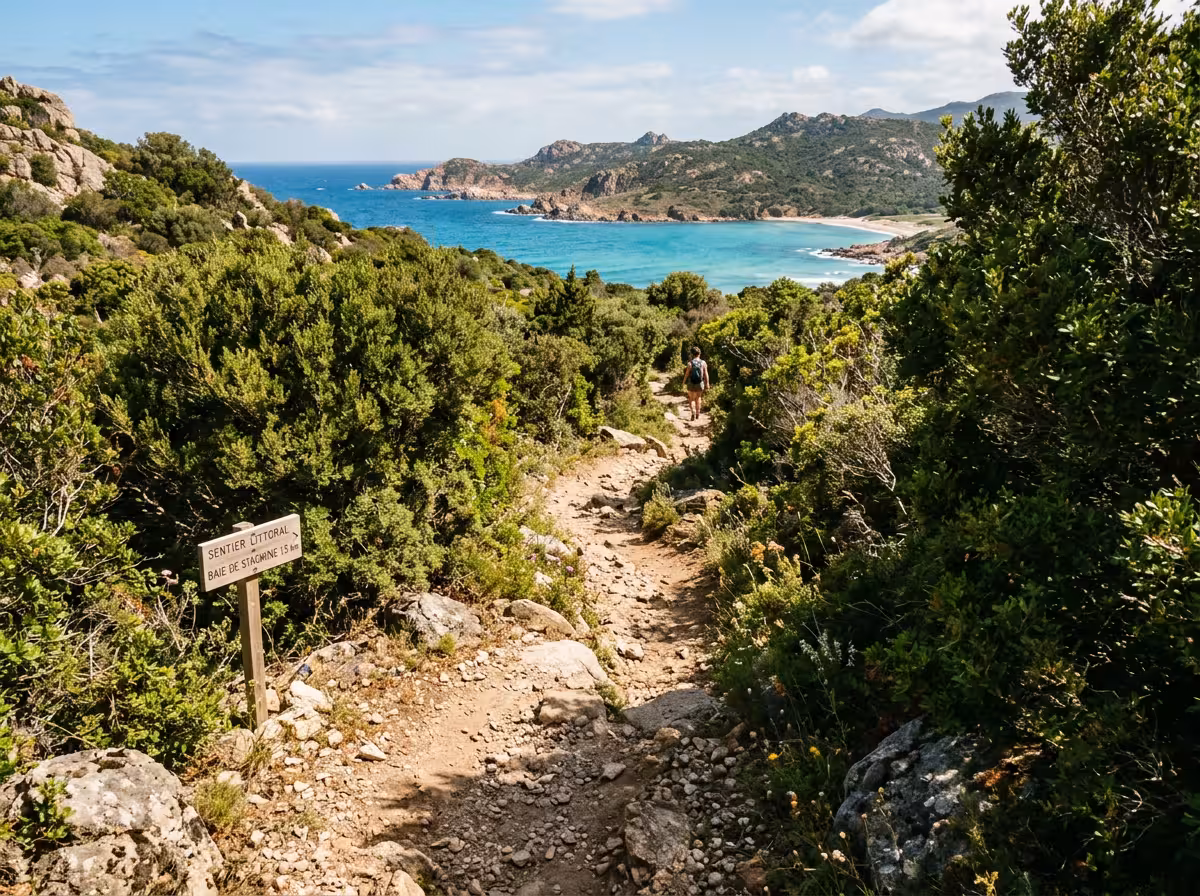Sentier d'accès côtier vers la plage du Stagnone à travers la maquis corse