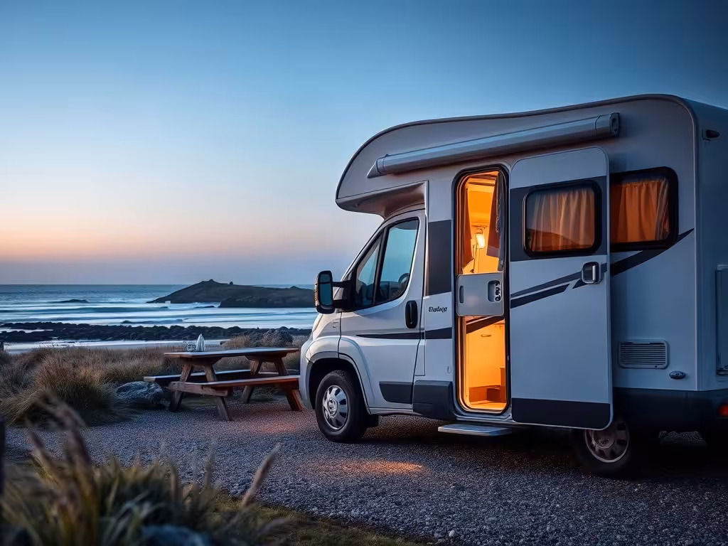 Van stationné face au littoral pour un road trip Bretagne 4 jours en camping-car.