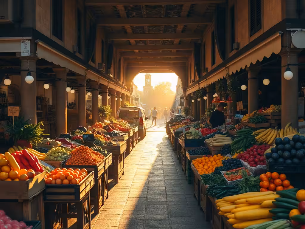 Marché provençal au matin doré, fruits et légumes locaux, ambiance paisible pour vacances en amoureux pas cher