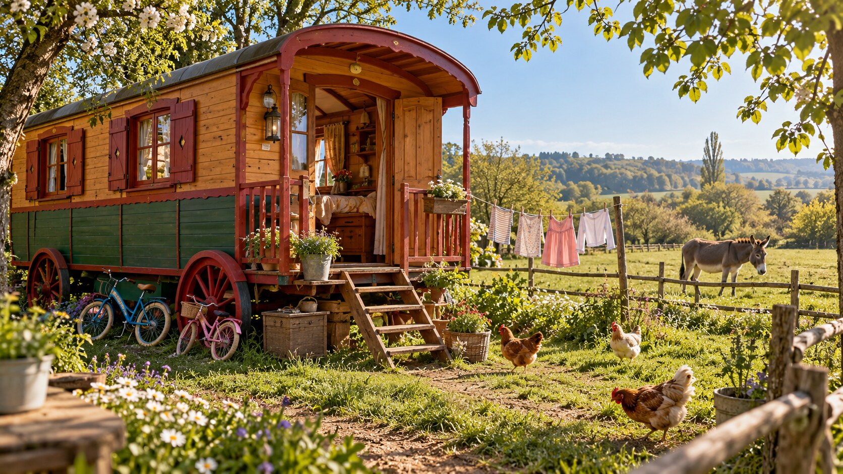 Roulotte en bois au bord d'un pré pour des vacances en famille