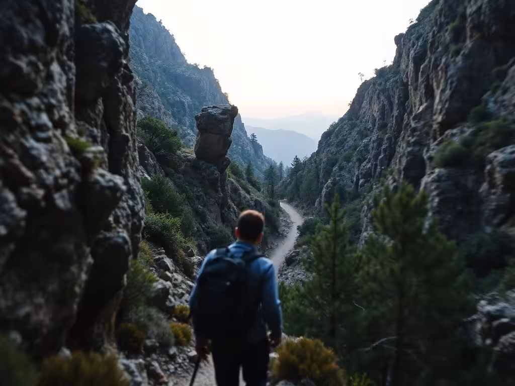 Sentier de randonnée dans les gorges encaissées de la Solenzara en Corse.