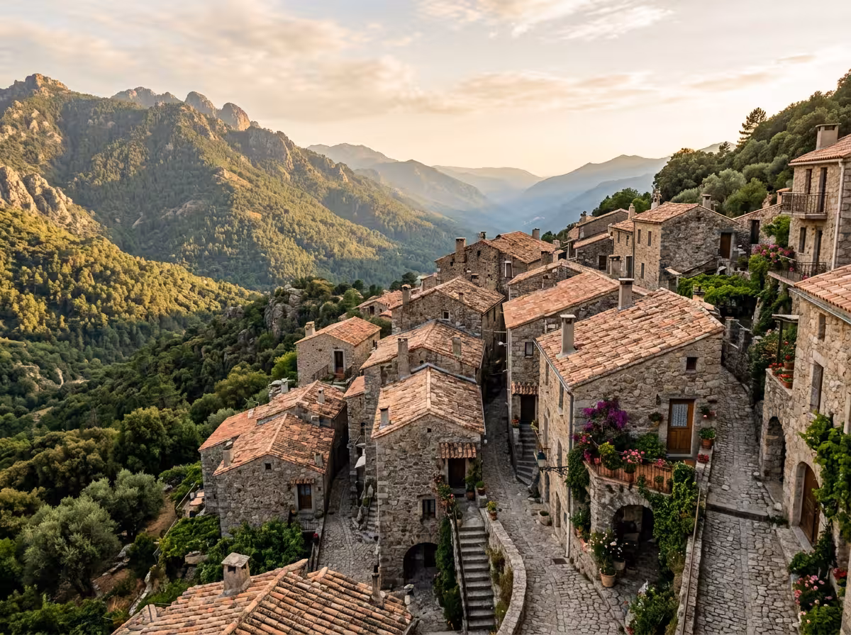 Village montagnard traditionnel en Corse avec maisons en pierre et paysage de montagnes boisées