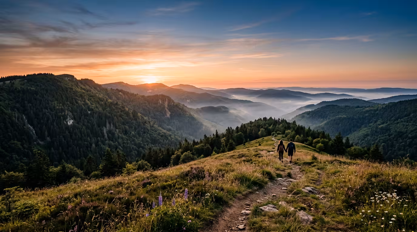 Crêtes des Vosges au coucher de soleil avec sentier de randonnée, forêts de sapins et brume de vallée, ambiance week-end romantique.