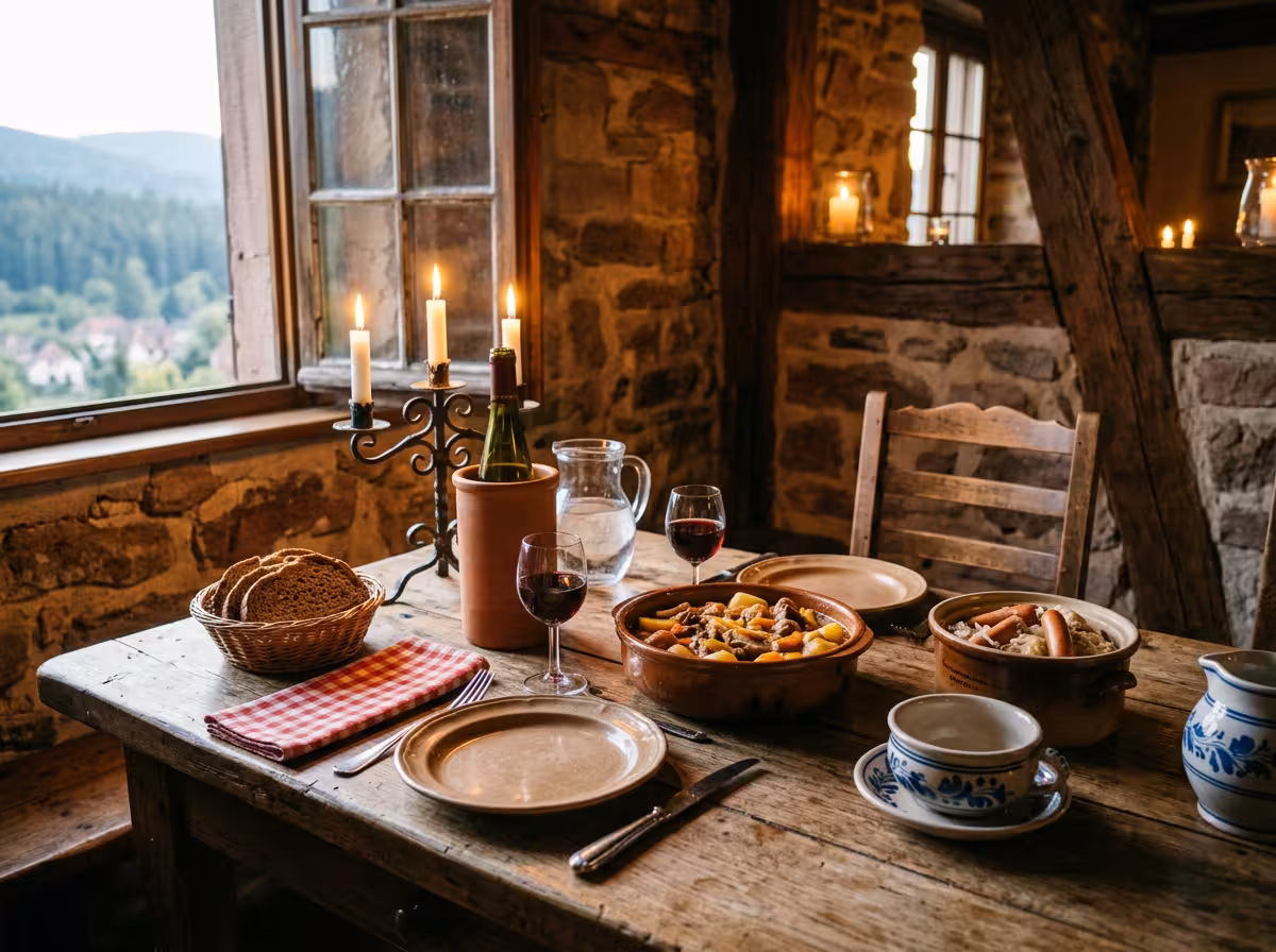 Table vosgienne avec spécialités régionales, chandelle allumée et nappe à carreaux, ambiance auberge rustique authentique.