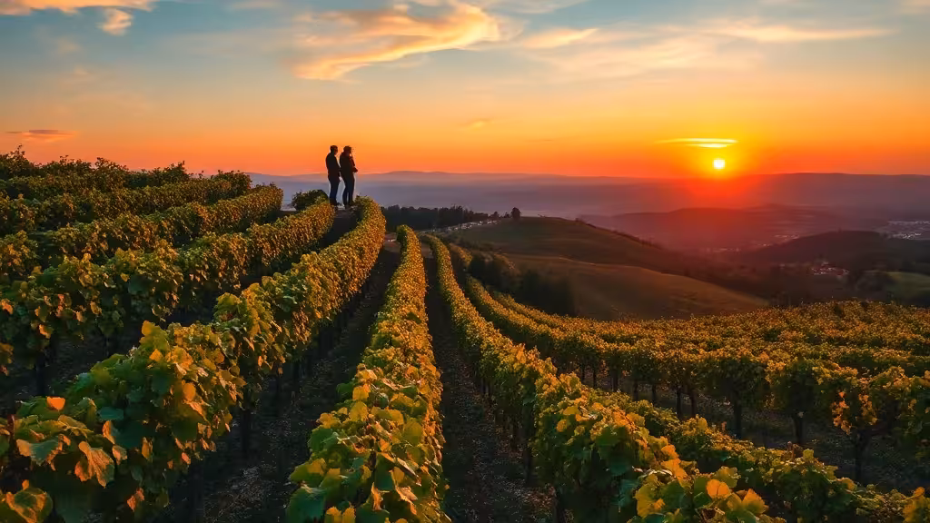 Vue panoramique de vignes en pentes dorées par le soleil couchant, deux silhouettes observant l'horizon d'un vignoble français