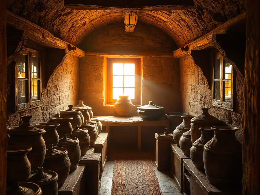 Tonneaux de vin alignés dans une cave traditionnelle éclairée par lumière douce, architecture en pierre brute de vignoble français