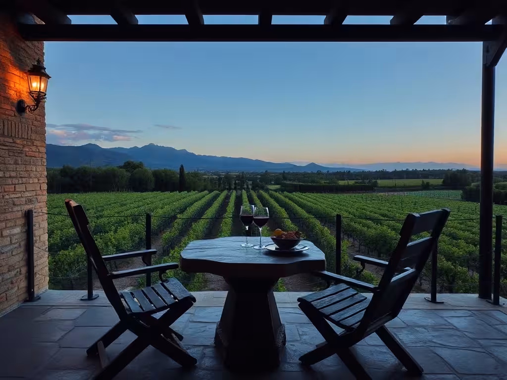Terrasse cosy face aux vignes, deux verres de vin et vue sur paysage viticole au crépuscule, décor de week-end romantique