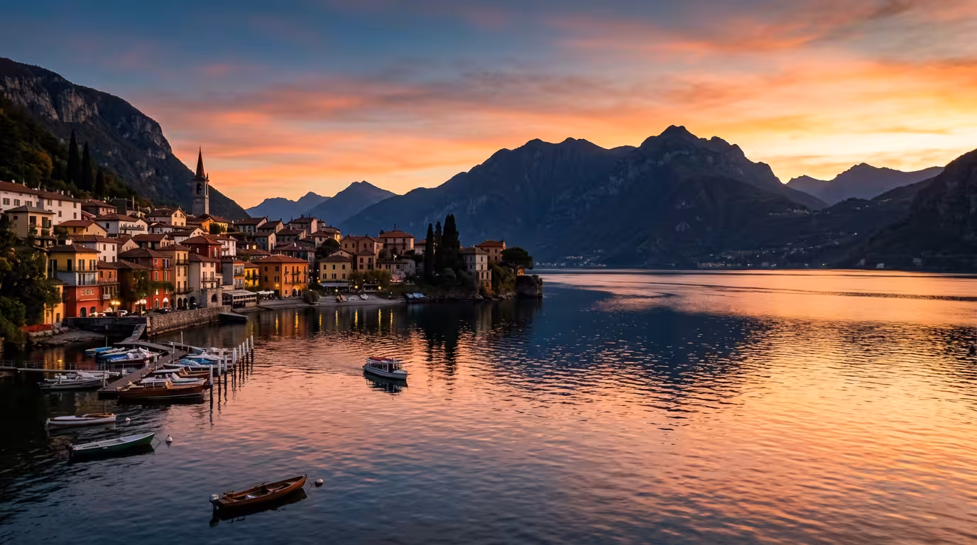 Vue dorée du Lac de Côme au coucher de soleil, village italien romantique en montagne