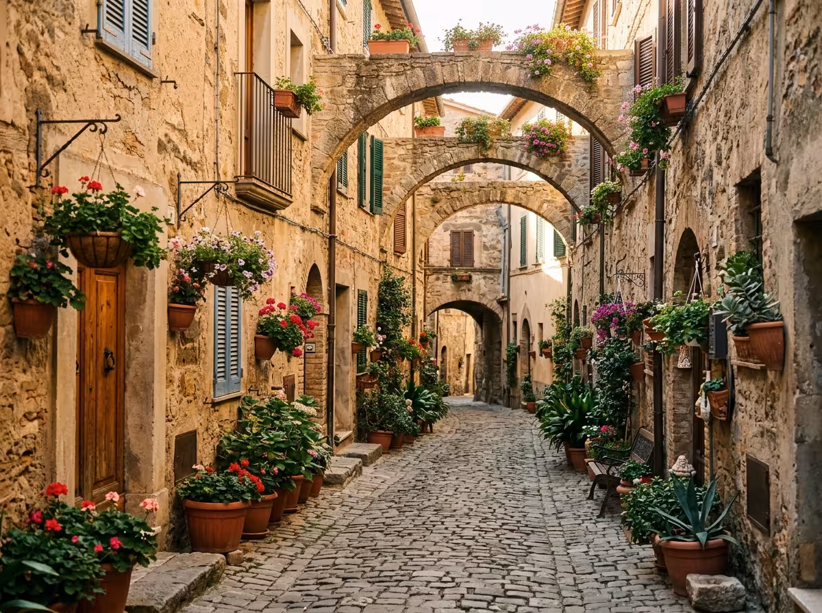 Petite ruelle pavée d'un village italien avec arcades en pierre et pots de fleurs