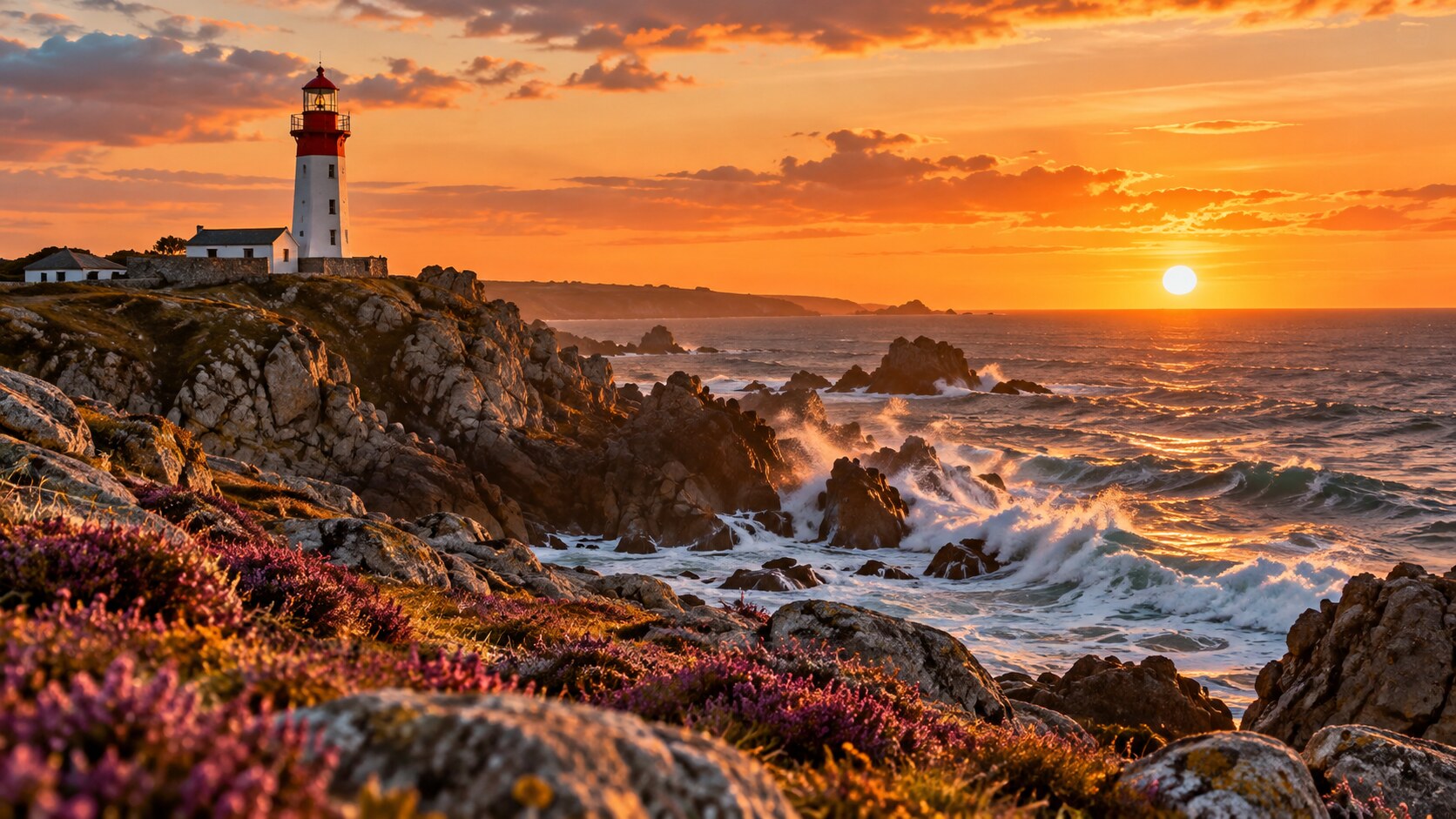 Phare breton au coucher du soleil face à l'océan