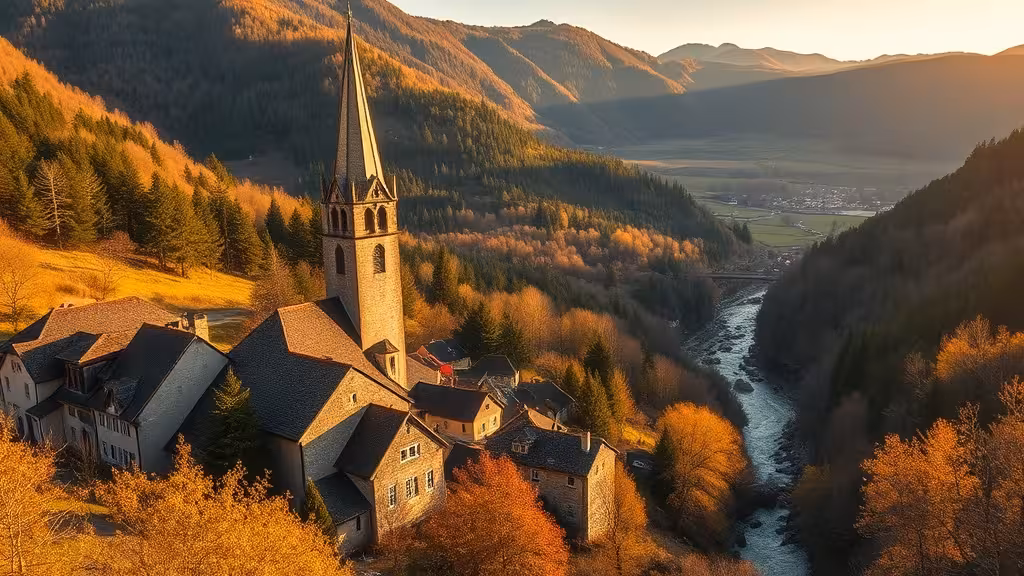 Vue panoramique du village d'Ydes dans le Cantal avec l'église Saint-Georges au cœur des forêts et gorges de la Rhue