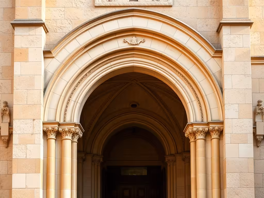 Façade en pierre romane de l'église Saint-Georges avec arcs classiques et gravures du patrimoine cantalaien