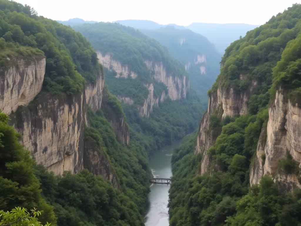 Gorges sauvages de la Rhue avec falaises calcaires et rivière serpentant sous la canopée verte du Cantal